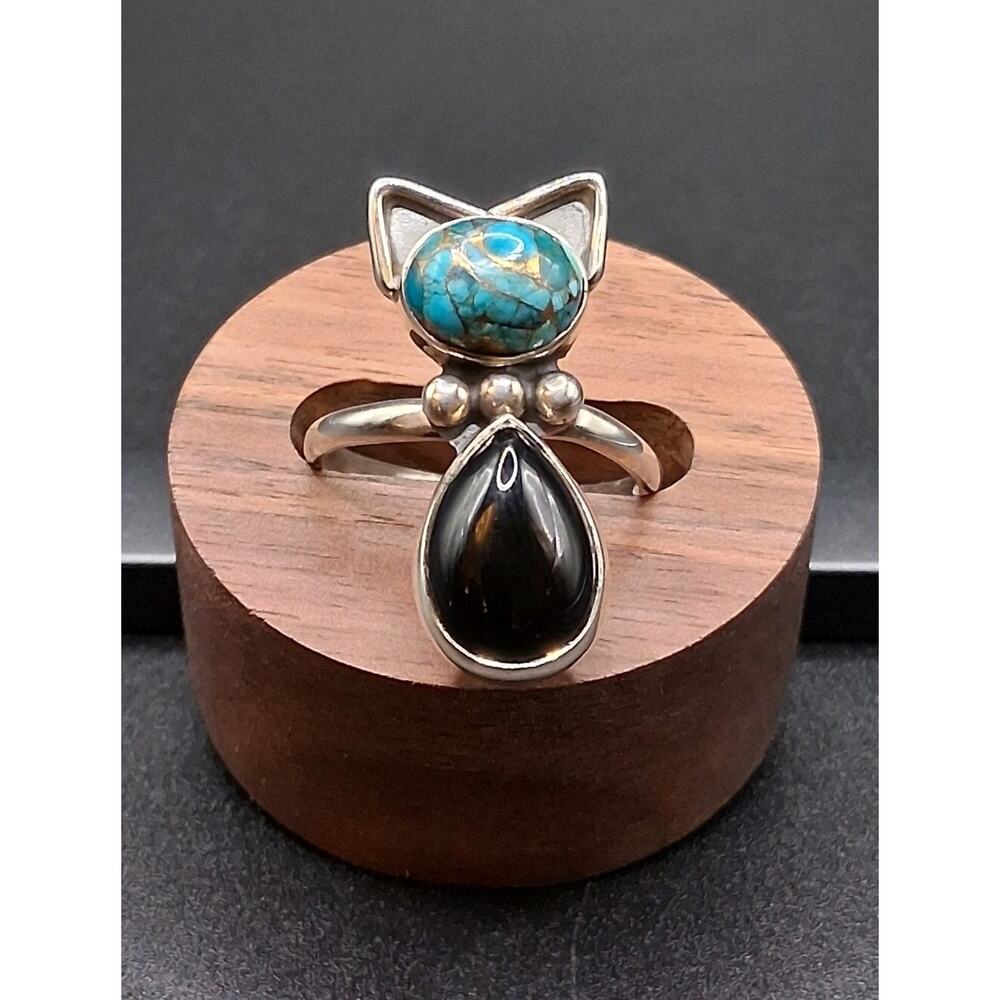 Turquoise Onyx Cat Ring, Adjustable, 925 SS, Southwest Native American Style